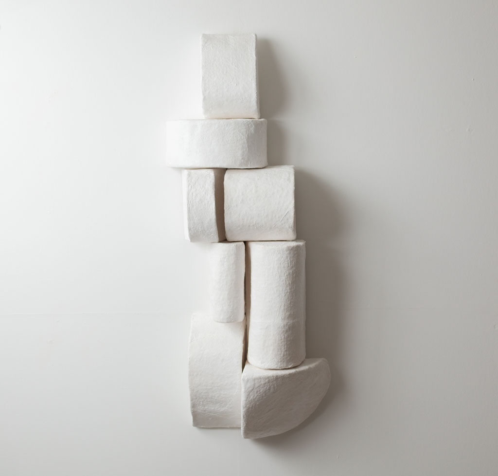 Untitled (white vertical), 2023, a sculpture in plaster cloth and cardboard