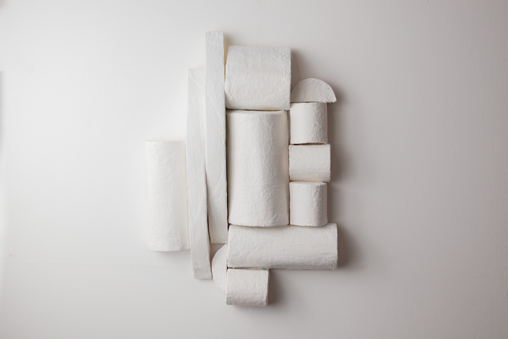 Untitled (white #3), 2024, a sculpture in plaster cloth, cardboard and acrylic